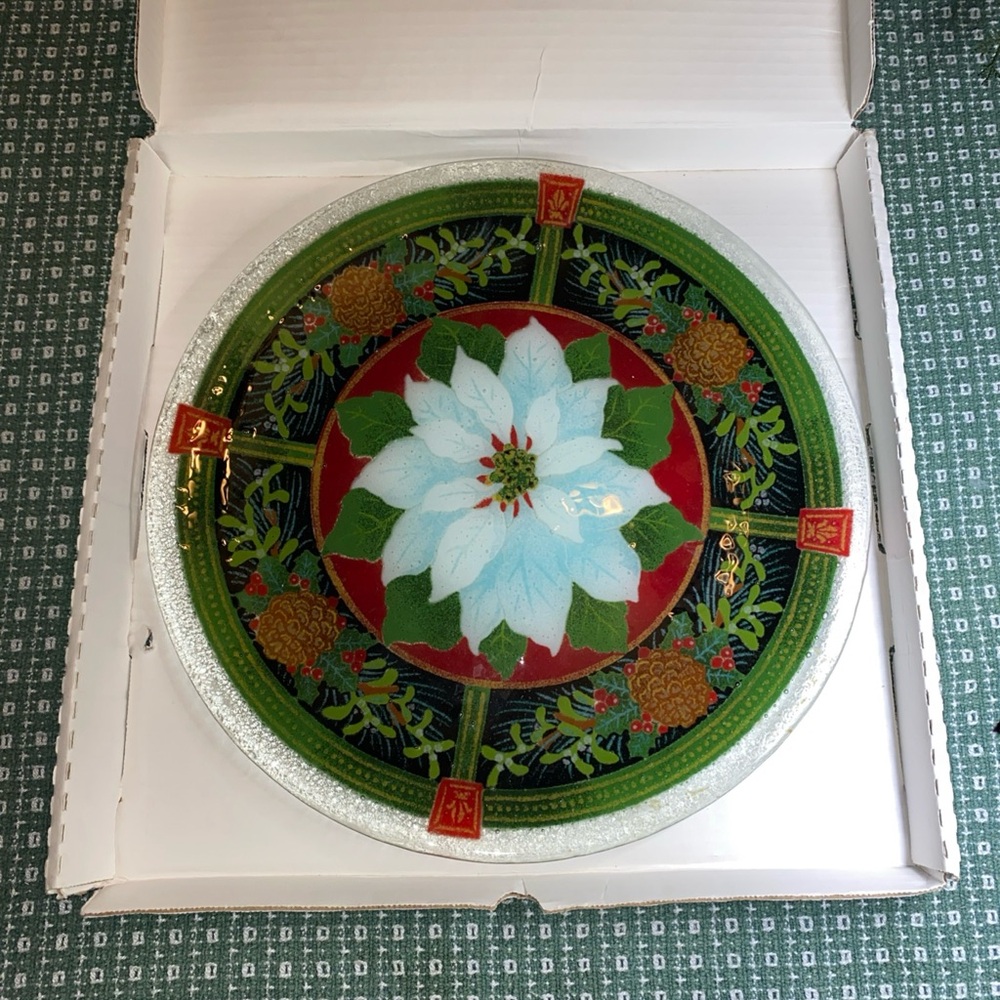 Peggy Karr ~ Fused Art Glass ~ "White Poinsettia & Pinecones" ~ 13.5” Platter